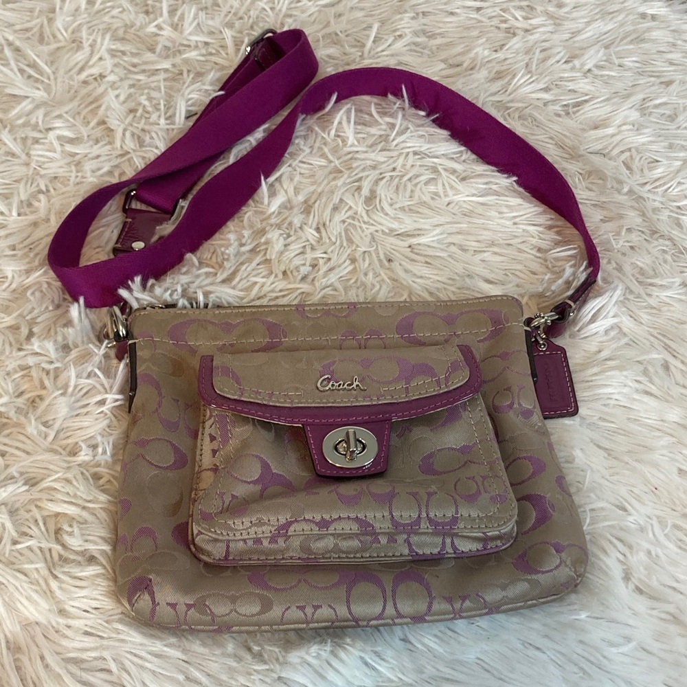 Coach Signature Khaki Purple Rose Penelope Swingpack Crossbody